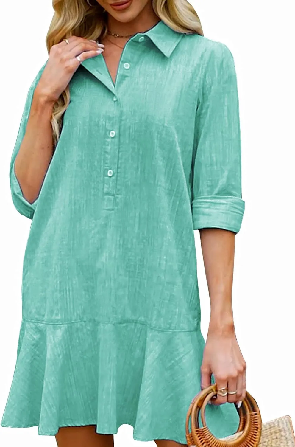 Women??s Tunic Shirt Mini Dress Long Sleeve Cotton Short Dress Button Up Ruffle Hem Shift Dresses
