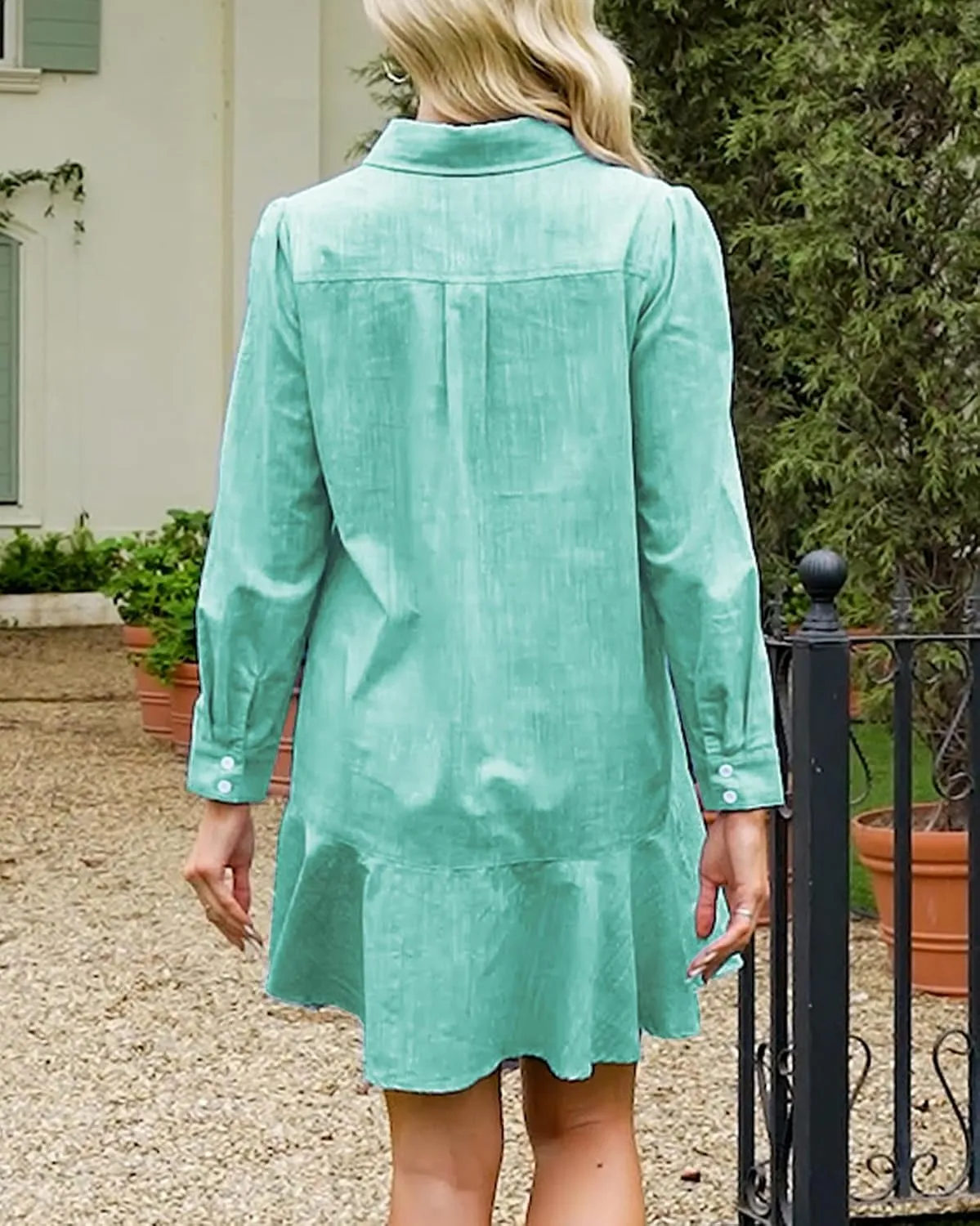 Women??s Tunic Shirt Mini Dress Long Sleeve Cotton Short Dress Button Up Ruffle Hem Shift Dresses