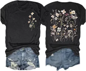 Women's Vintage Flowers Shirt Casual Boho Floral Printed T-Shirt Sunflower Wildflowers Graphic Tees Tops for Girl