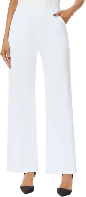 Womens Wide Straight Leg Pull-On Trousers Casual Slacks Dress Pants with Pockets
