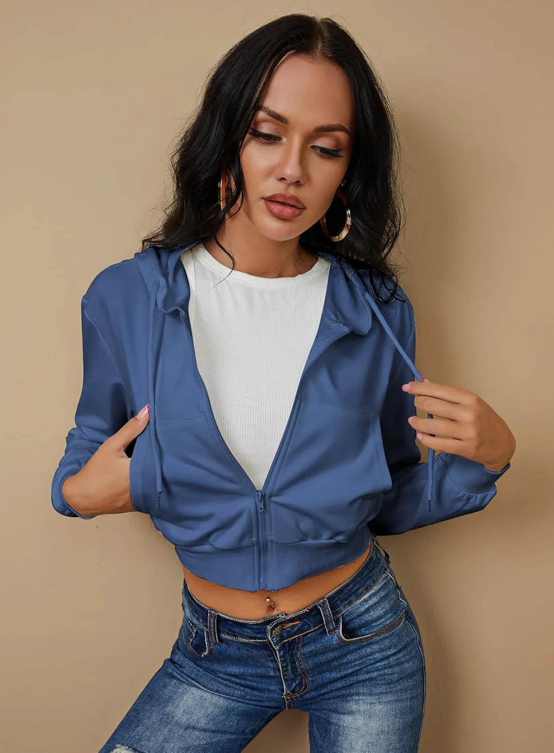 Women's Zip Up Hoodies Cropped Cardigan Jacket Drawstring Hooded Sweatshirts Casual Long Sleeve Top??