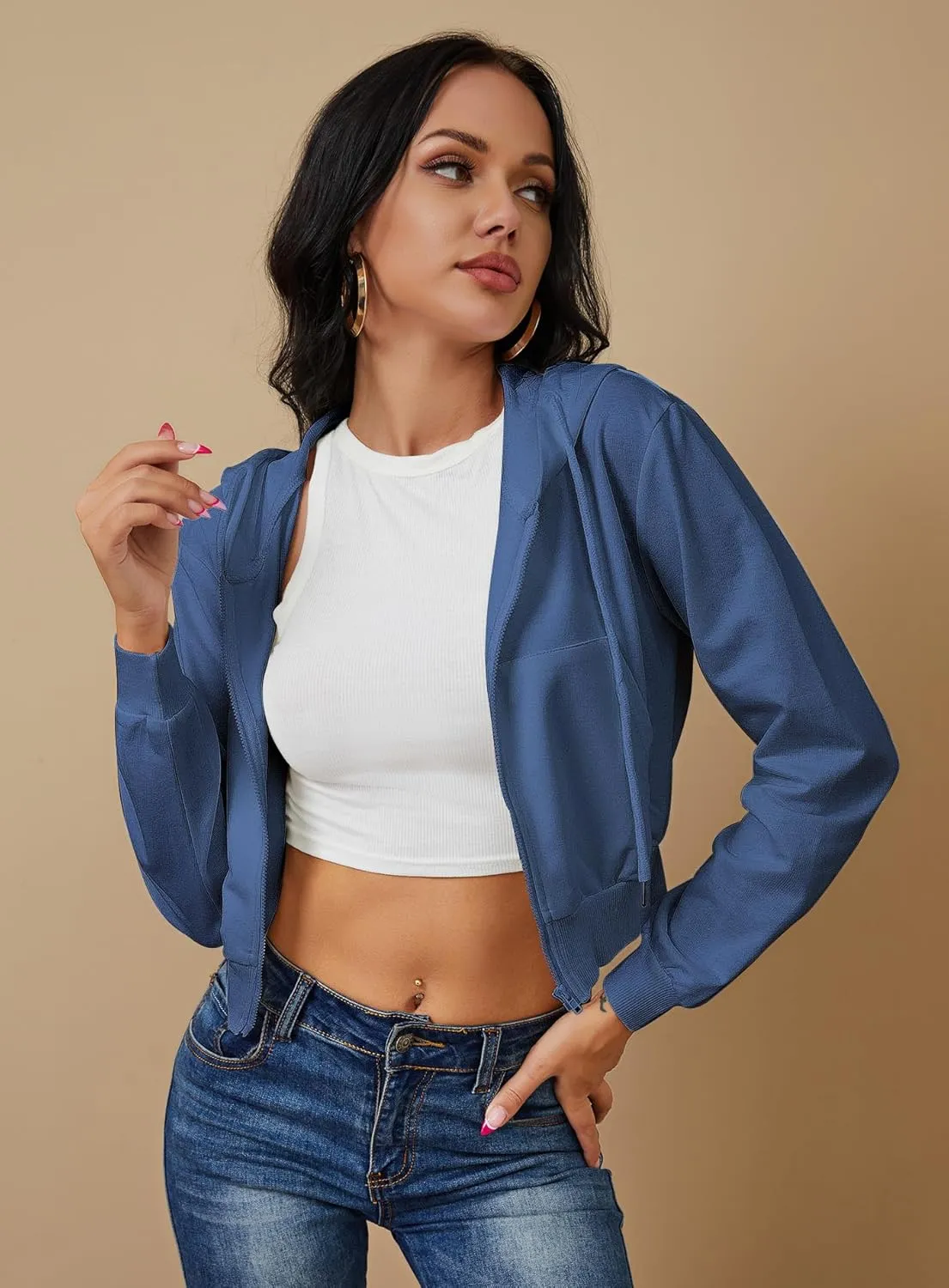 Women's Zip Up Hoodies Cropped Cardigan Jacket Drawstring Hooded Sweatshirts Casual Long Sleeve Top??