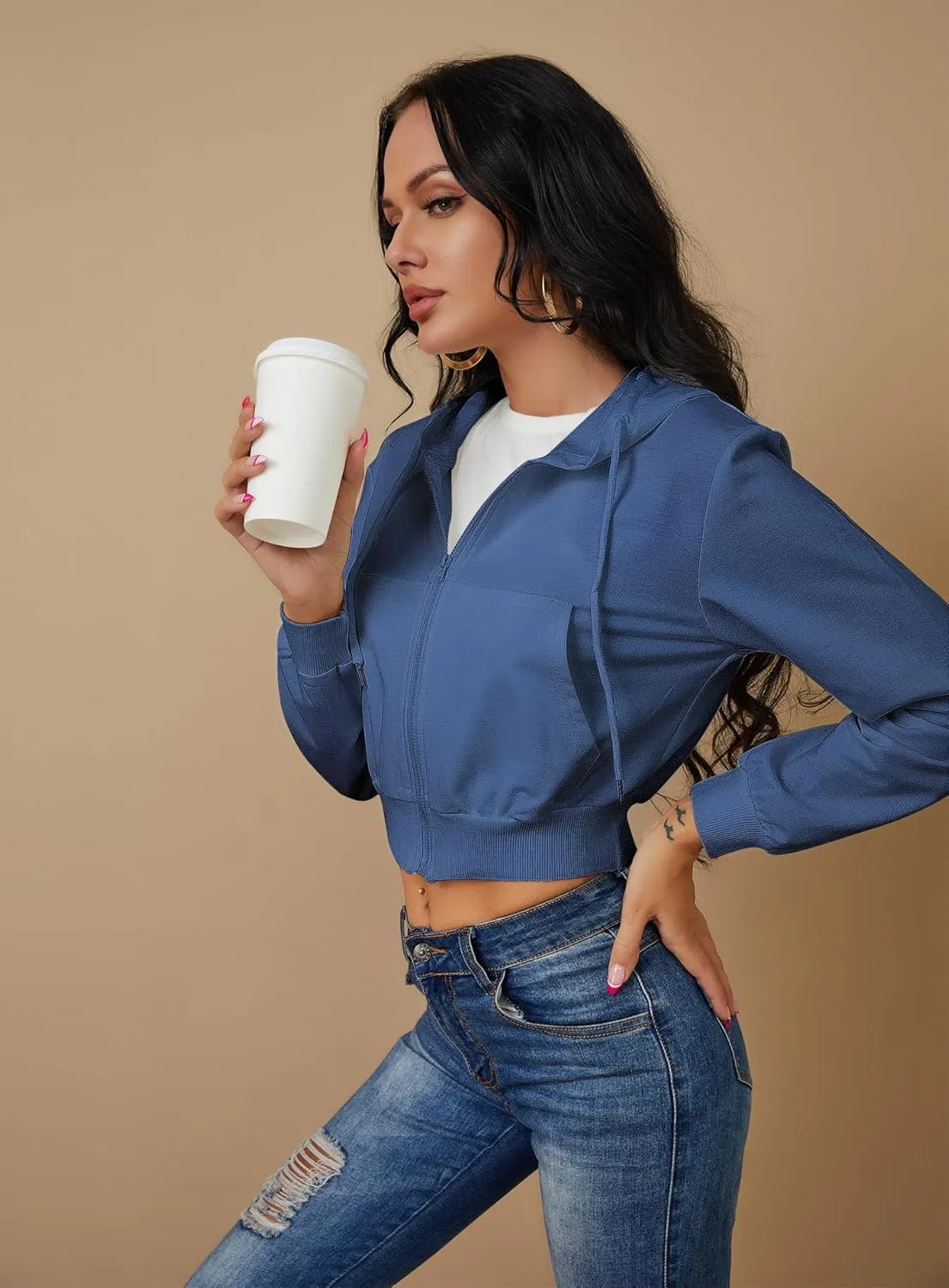 Women's Zip Up Hoodies Cropped Cardigan Jacket Drawstring Hooded Sweatshirts Casual Long Sleeve Top??