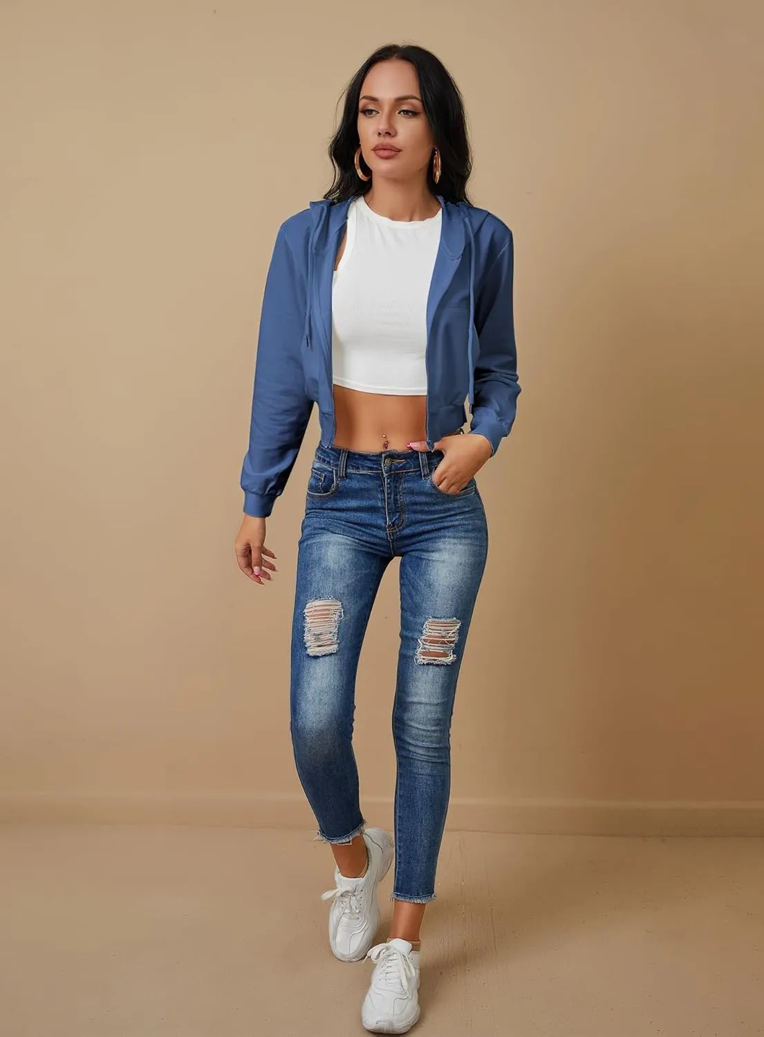 Women's Zip Up Hoodies Cropped Cardigan Jacket Drawstring Hooded Sweatshirts Casual Long Sleeve Top??