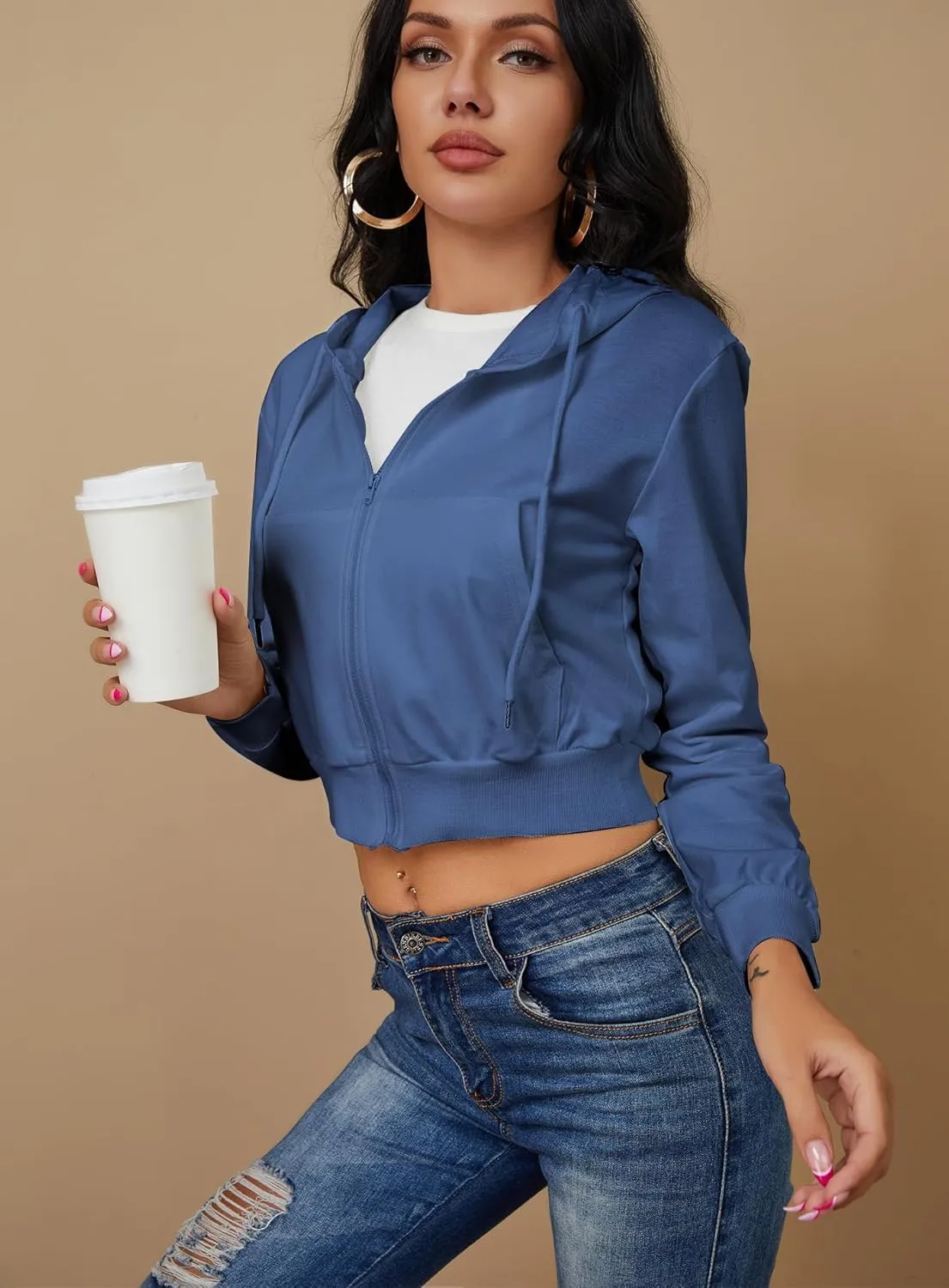 Women's Zip Up Hoodies Cropped Cardigan Jacket Drawstring Hooded Sweatshirts Casual Long Sleeve Top??