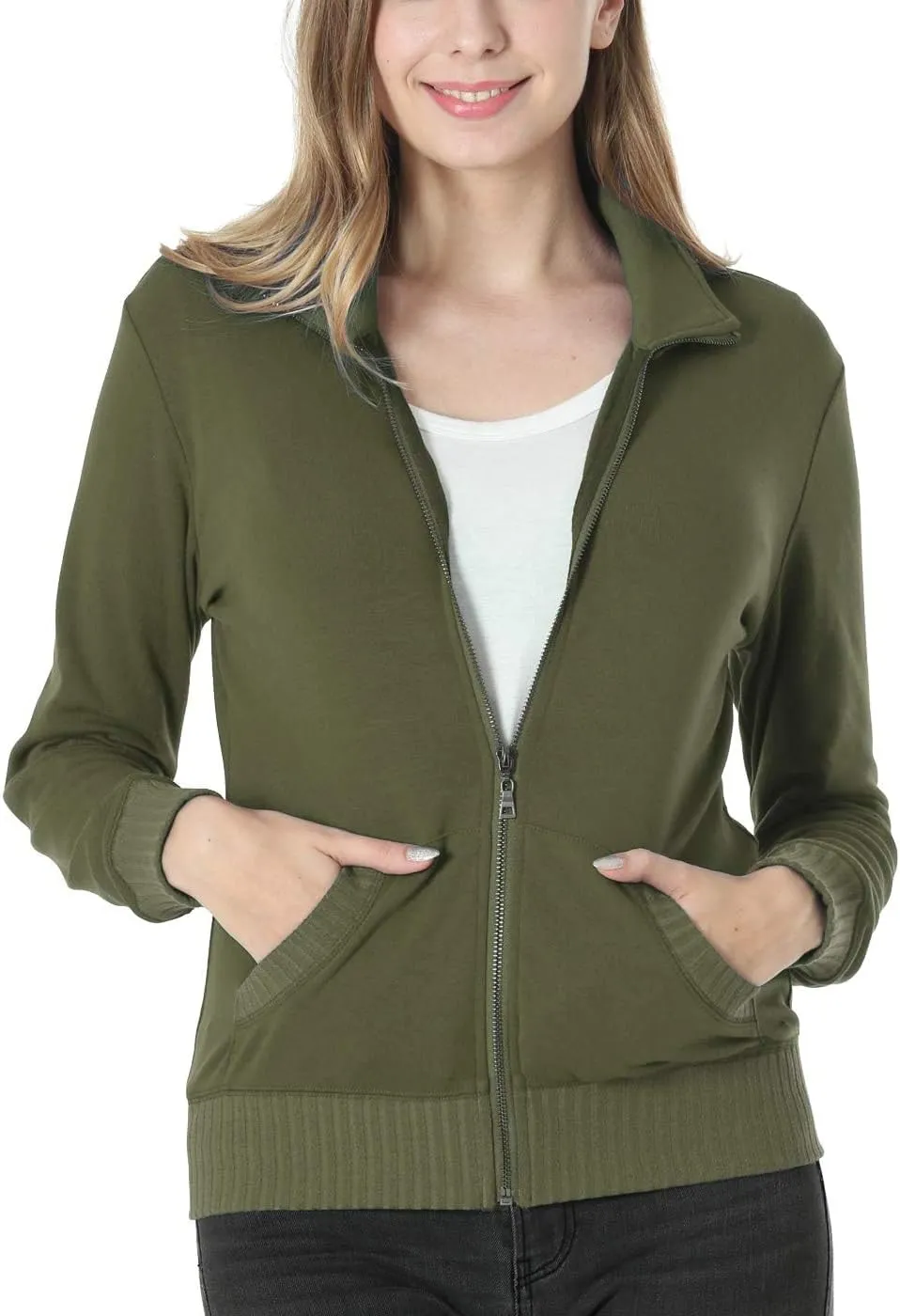 Women's Zip up Sweatshirt Jacket Stand Collar Hoodless Running Sweatshirt with Pockets