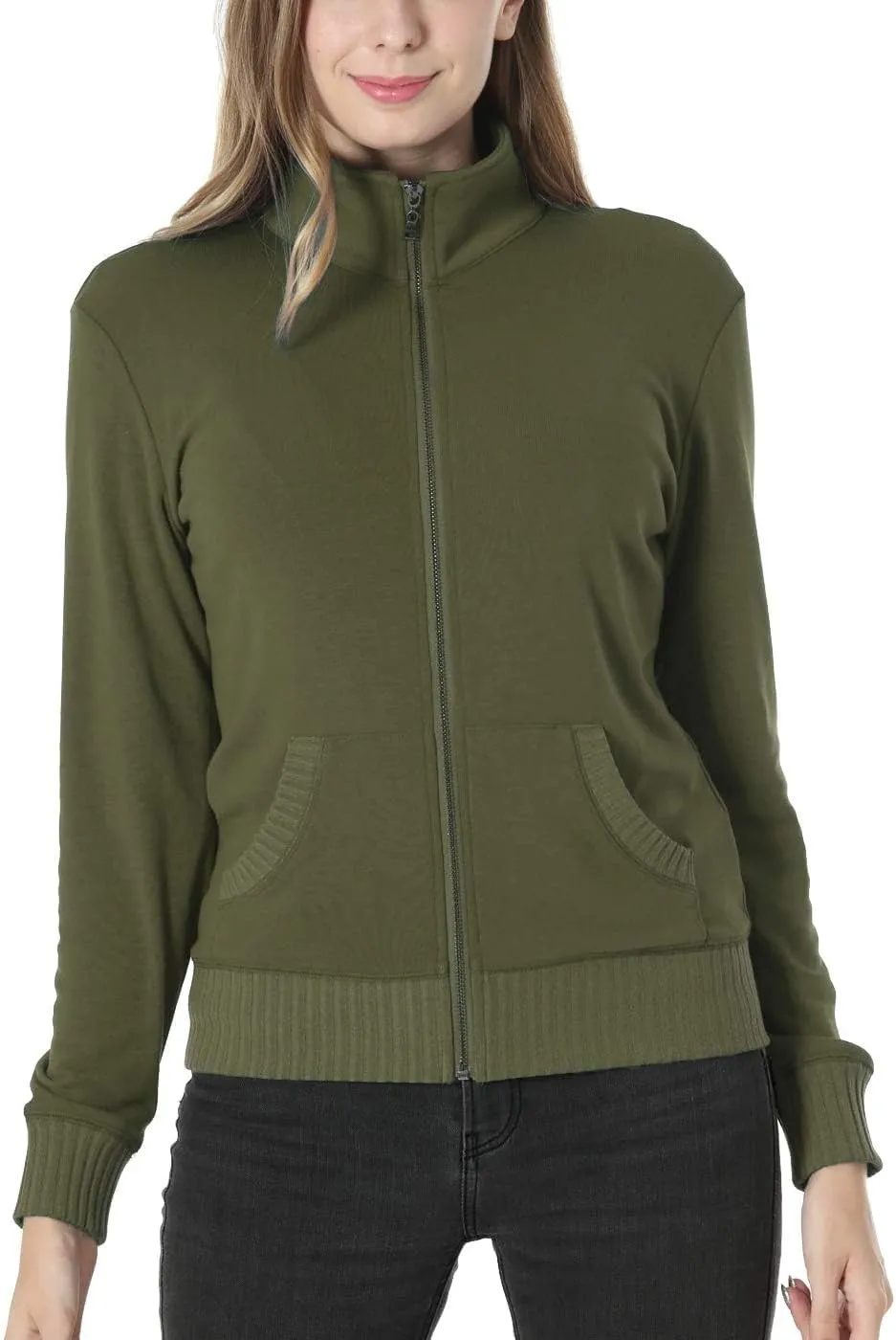 Women's Zip up Sweatshirt Jacket Stand Collar Hoodless Running Sweatshirt with Pockets