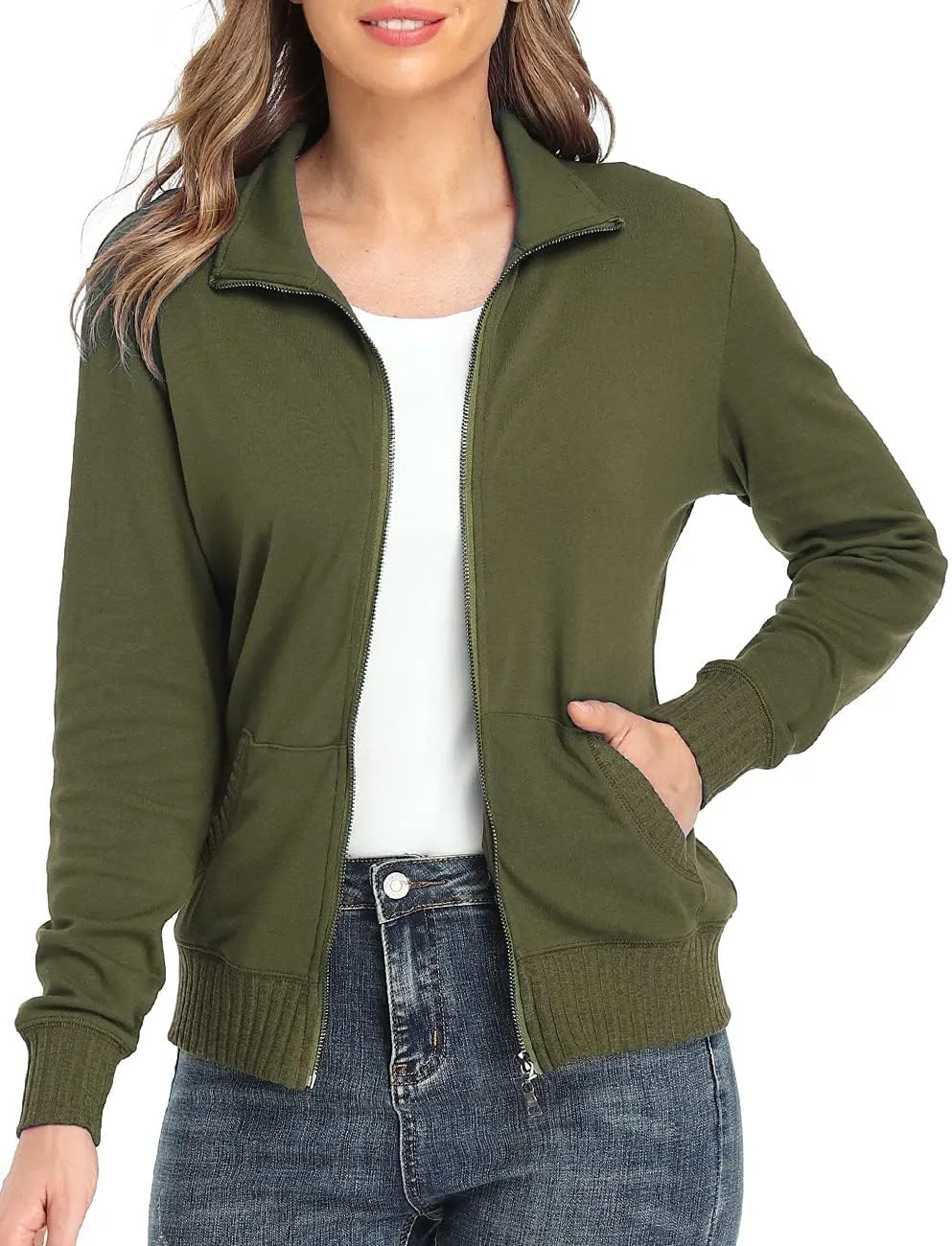 Women's Zip up Sweatshirt Jacket Stand Collar Hoodless Running Sweatshirt with Pockets