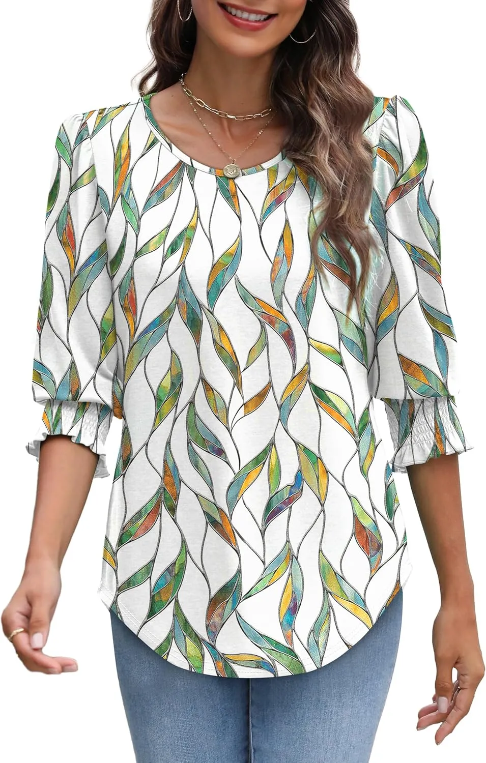 XIEERDUO Blouses for Women Dressy Casual 3/4 Length Sleeve Womens Tops with Smocked Cuffs