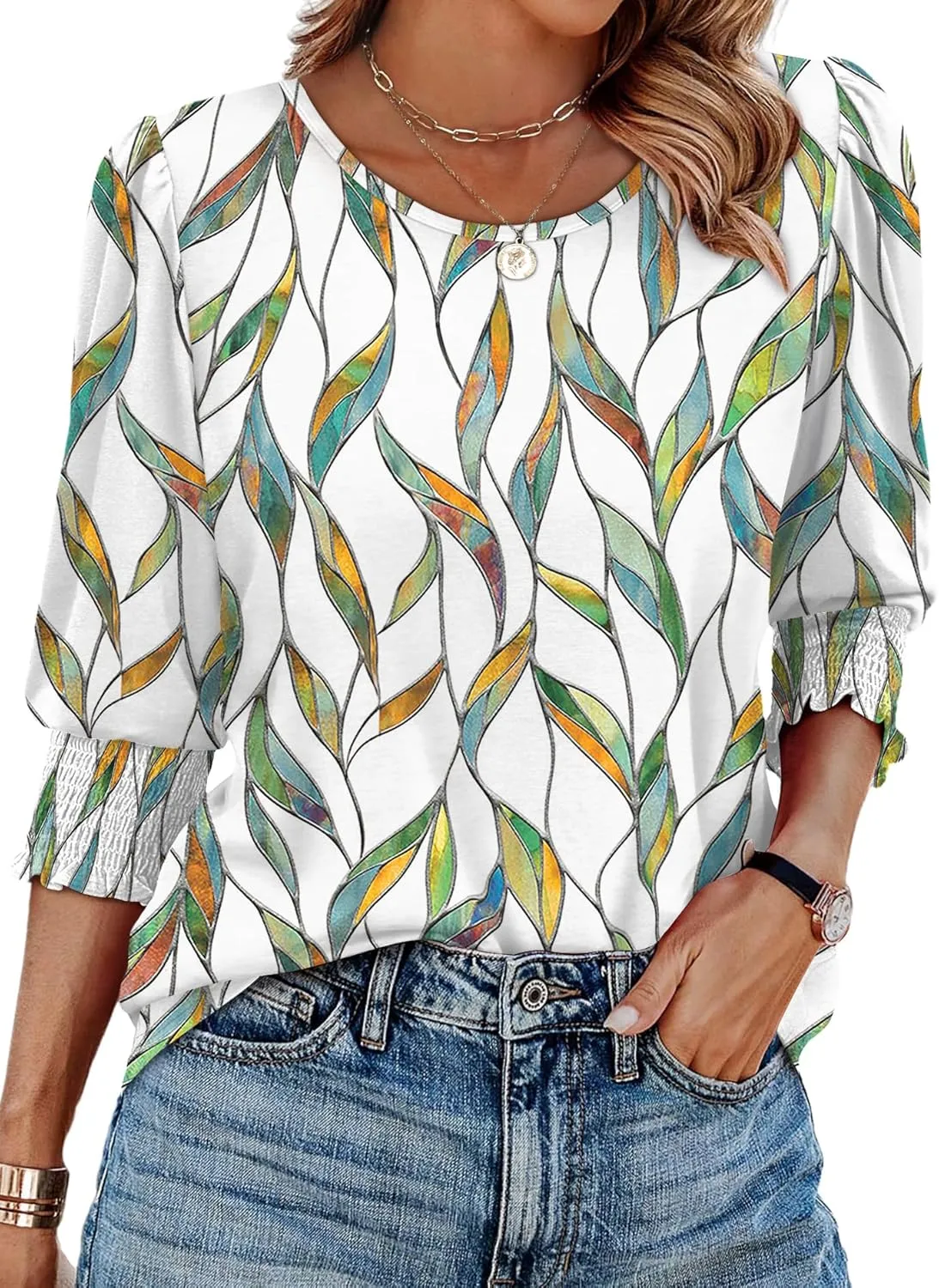 XIEERDUO Blouses for Women Dressy Casual 3/4 Length Sleeve Womens Tops with Smocked Cuffs