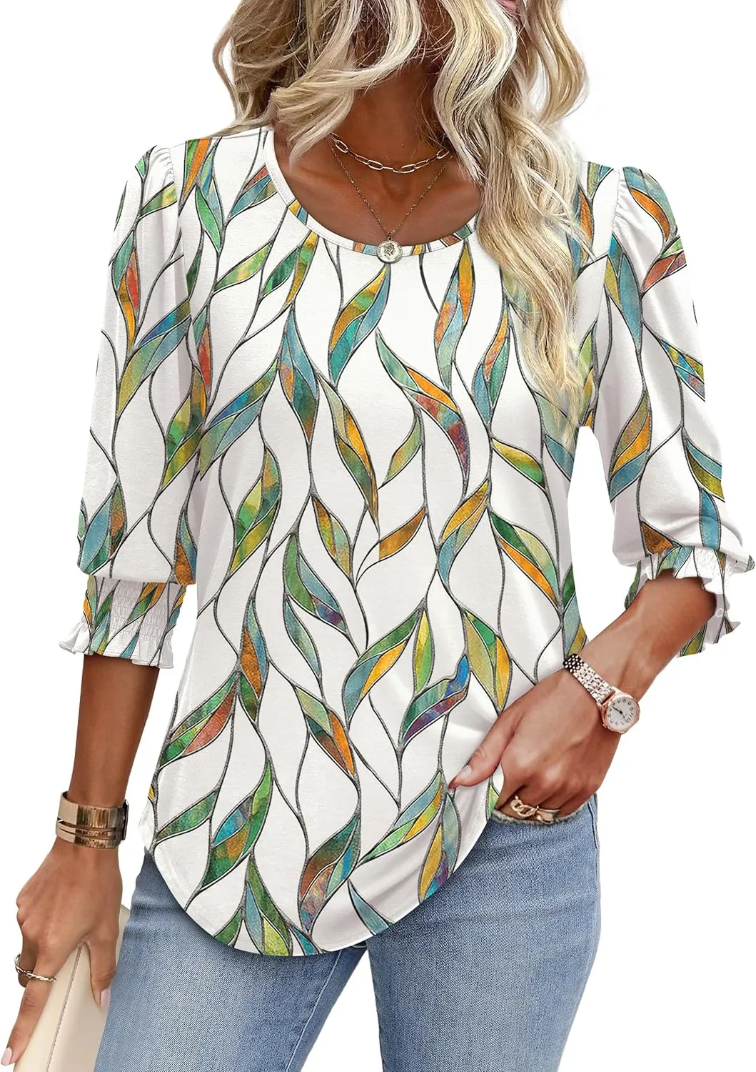 XIEERDUO Blouses for Women Dressy Casual 3/4 Length Sleeve Womens Tops with Smocked Cuffs