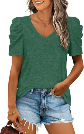 XIEERDUO Womens Summer Shirt V Neck Casual Tshirts Puff Sleeve Tops for Women Solid Color XS-3XL
