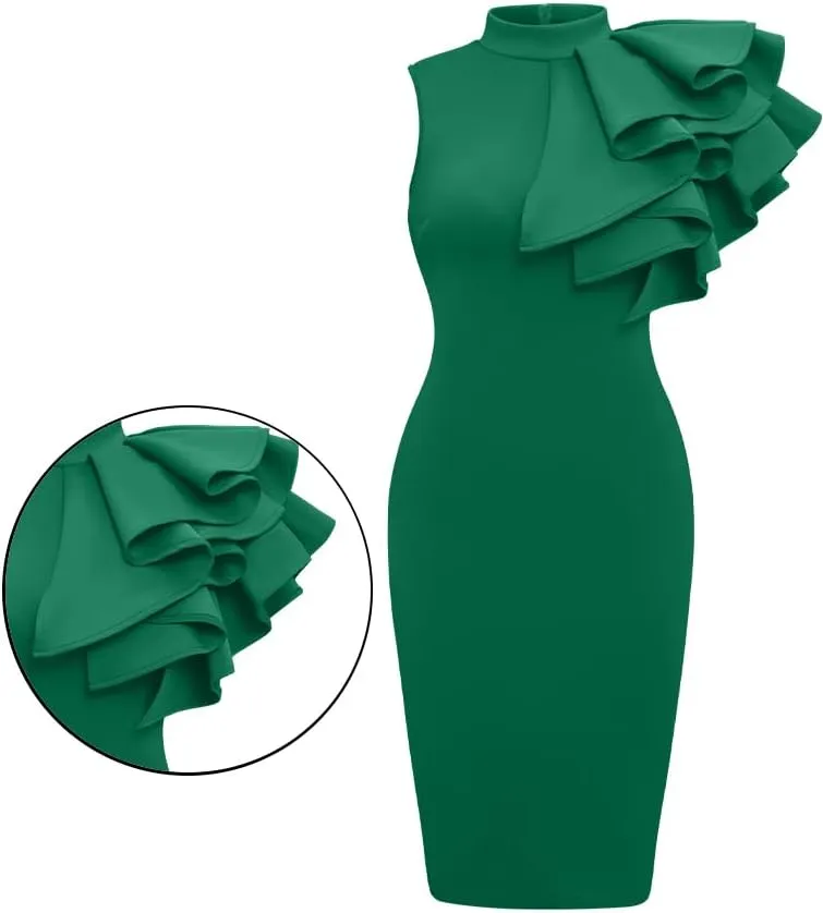XXTAXN Women's Cocktail Bodycon Ruffle Sleeveless Formal Midi Pencil Dress
