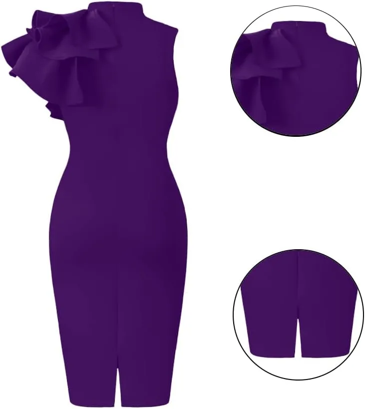 XXTAXN Women's Cocktail Bodycon Ruffle Sleeveless Formal Midi Pencil Dress