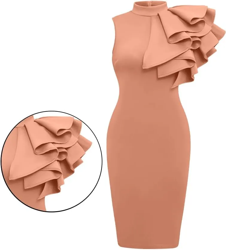 XXTAXN Women's Cocktail Bodycon Ruffle Sleeveless Formal Midi Pencil Dress