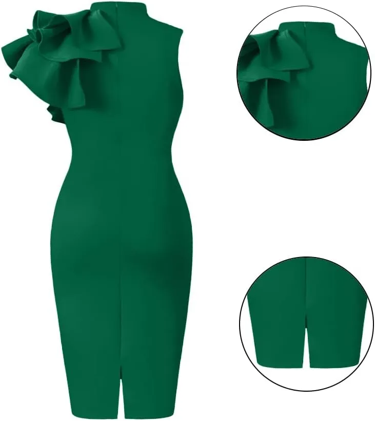 XXTAXN Women's Cocktail Bodycon Ruffle Sleeveless Formal Midi Pencil Dress