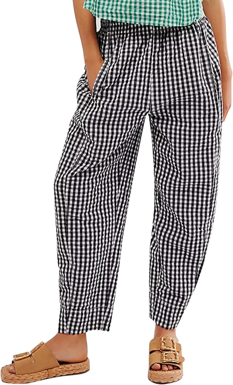 YKR Women Plaid Pants Loose Wide Leg Trousers Black M