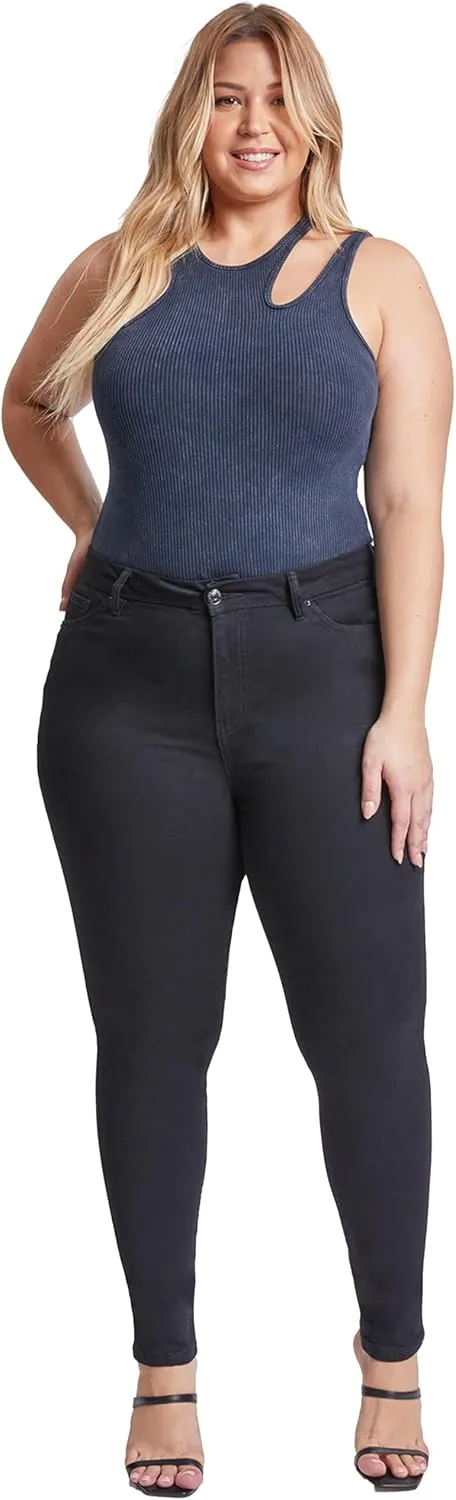 YMI Womens Curvy Fit 1-Button Tailored Wannabettabutt High Rise Skinny Jean Made with Recycled Fibers