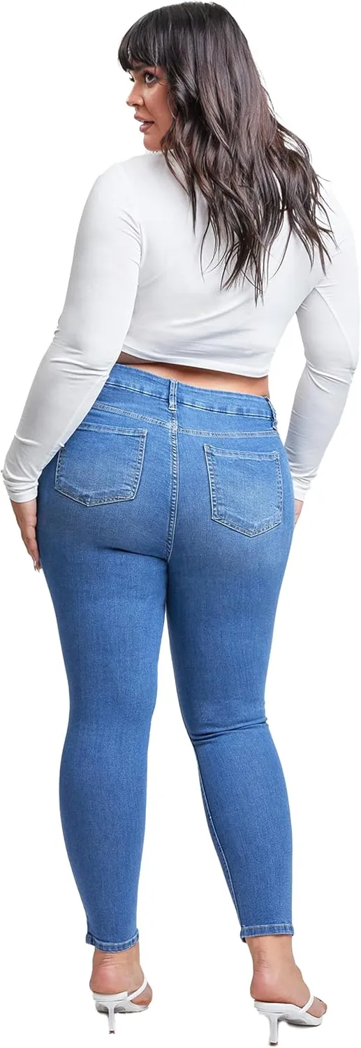 YMI Womens Curvy Fit 1-Button Tailored Wannabettabutt High Rise Skinny Jean Made with Recycled Fibers