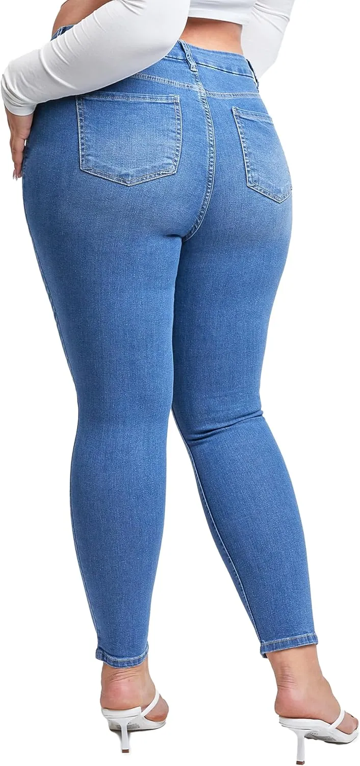 YMI Womens Curvy Fit 1-Button Tailored Wannabettabutt High Rise Skinny Jean Made with Recycled Fibers