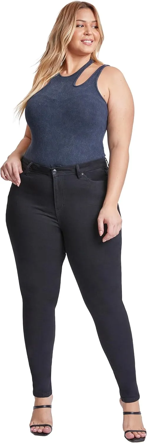 YMI Womens Curvy Fit 1-Button Tailored Wannabettabutt High Rise Skinny Jean Made with Recycled Fibers