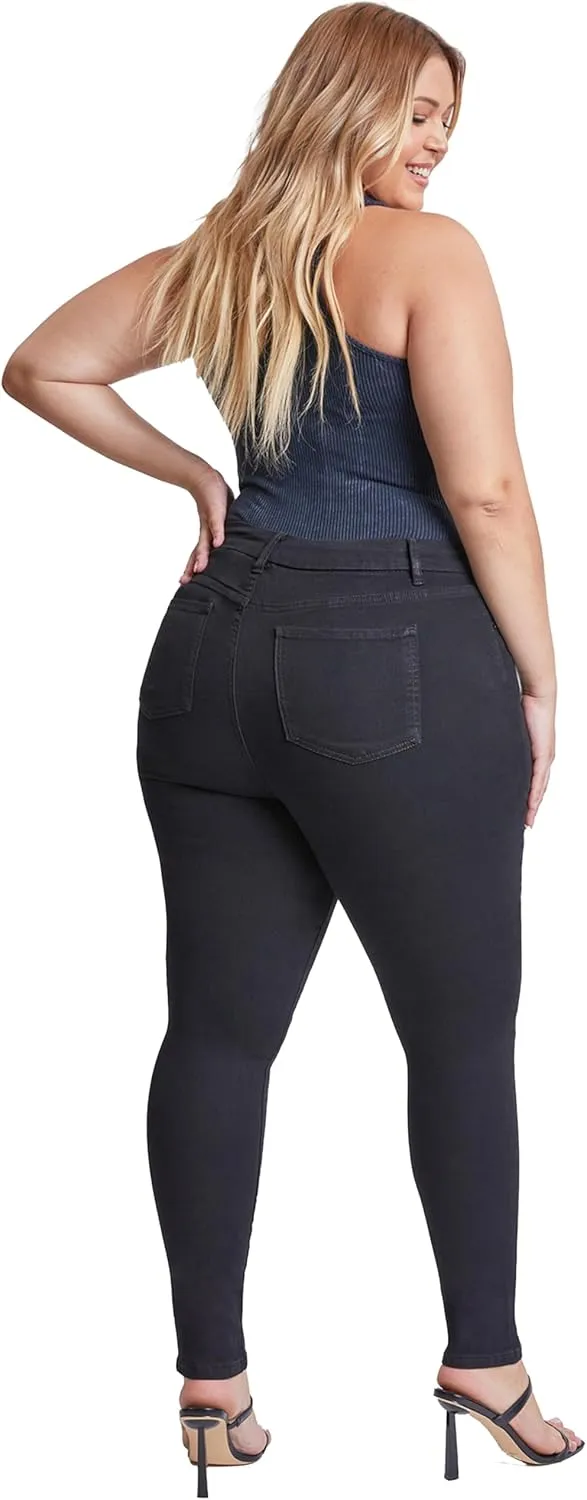 YMI Womens Curvy Fit 1-Button Tailored Wannabettabutt High Rise Skinny Jean Made with Recycled Fibers