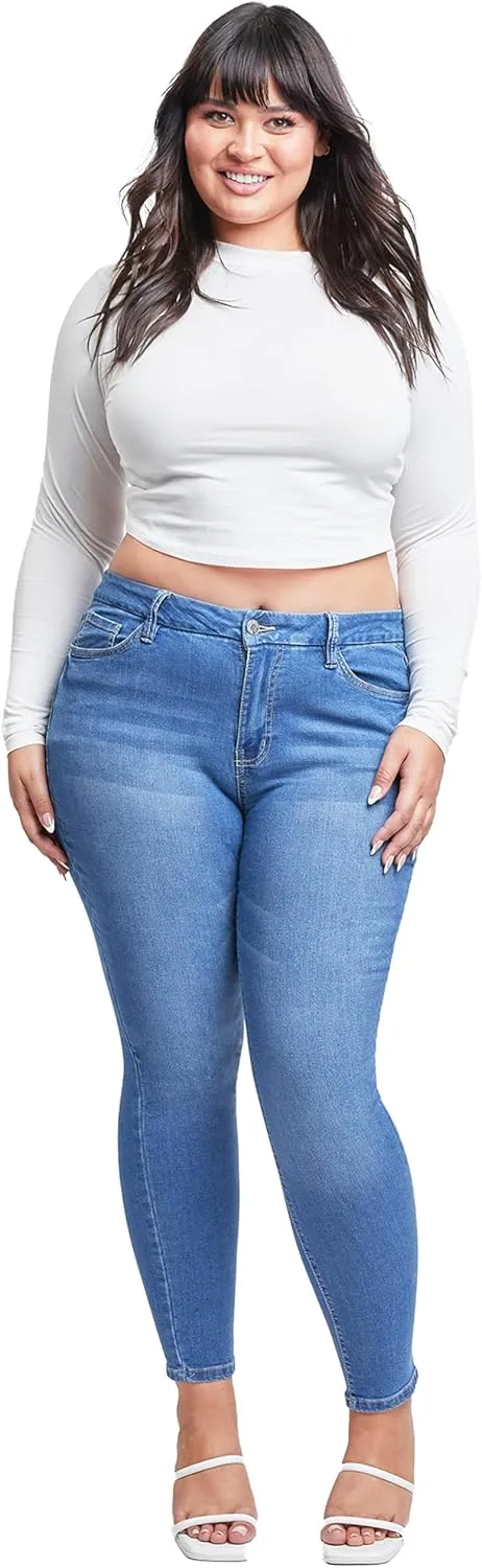 YMI Womens Curvy Fit 1-Button Tailored Wannabettabutt High Rise Skinny Jean Made with Recycled Fibers