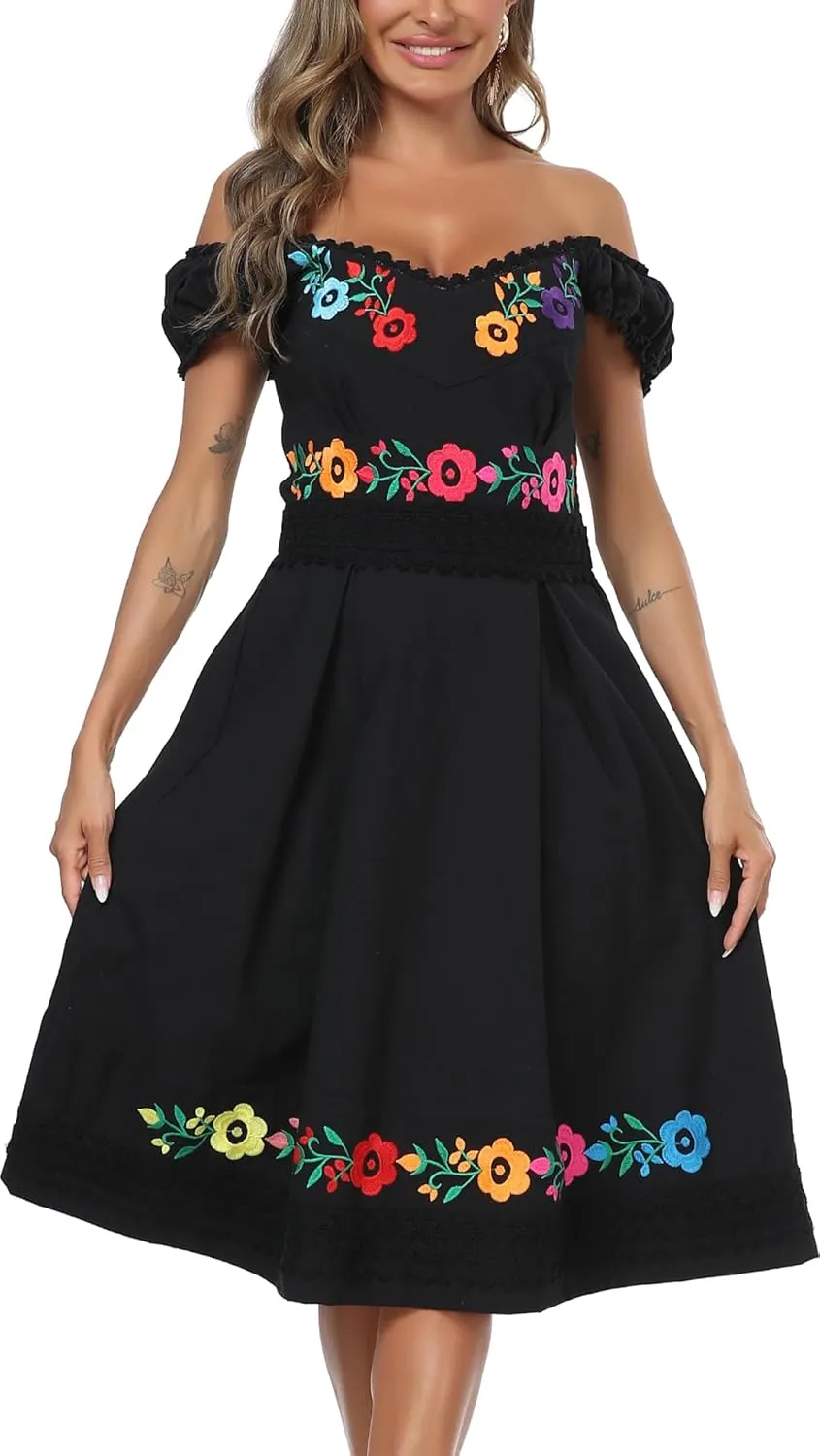 YZXDORWJ Mexican Dress for Women Embroidered Off Shoulder Peasant Cotton Dress Boho Outfit