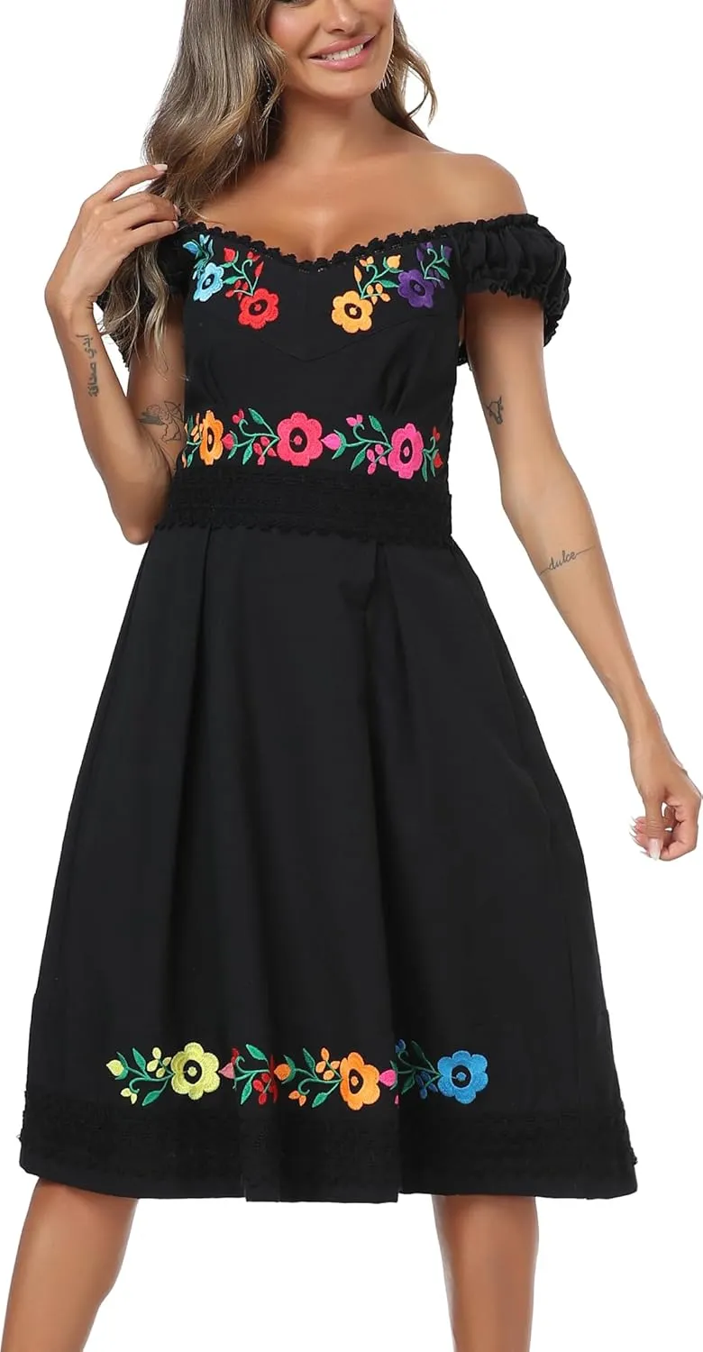 YZXDORWJ Mexican Dress for Women Embroidered Off Shoulder Peasant Cotton Dress Boho Outfit