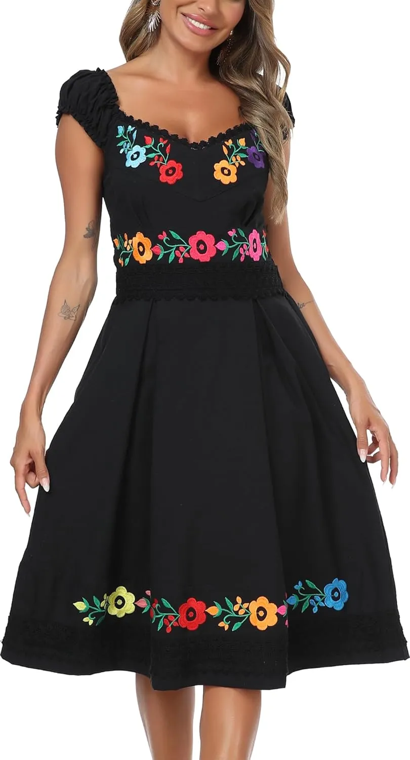 YZXDORWJ Mexican Dress for Women Embroidered Off Shoulder Peasant Cotton Dress Boho Outfit