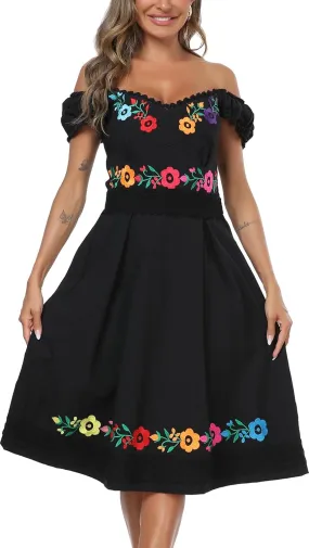 YZXDORWJ Mexican Dress for Women Embroidered Off Shoulder Peasant Cotton Dress Boho Outfit