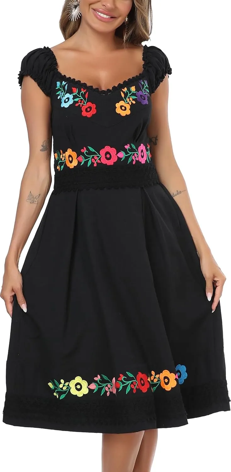 YZXDORWJ Mexican Dress for Women Embroidered Off Shoulder Peasant Cotton Dress Boho Outfit