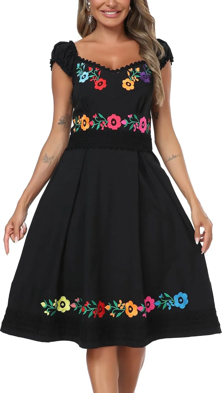 YZXDORWJ Mexican Dress for Women Embroidered Off Shoulder Peasant Cotton Dress Boho Outfit