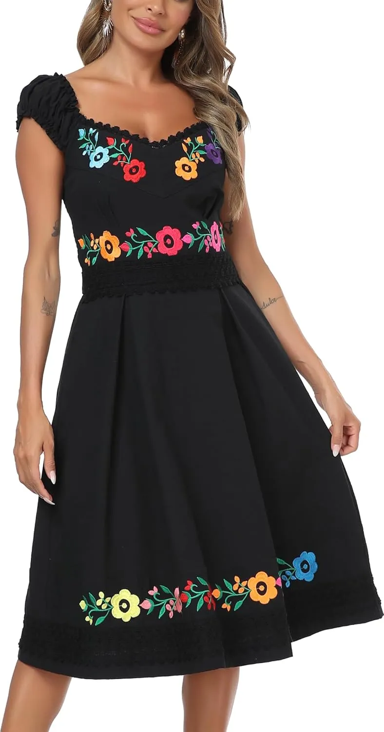 YZXDORWJ Mexican Dress for Women Embroidered Off Shoulder Peasant Cotton Dress Boho Outfit