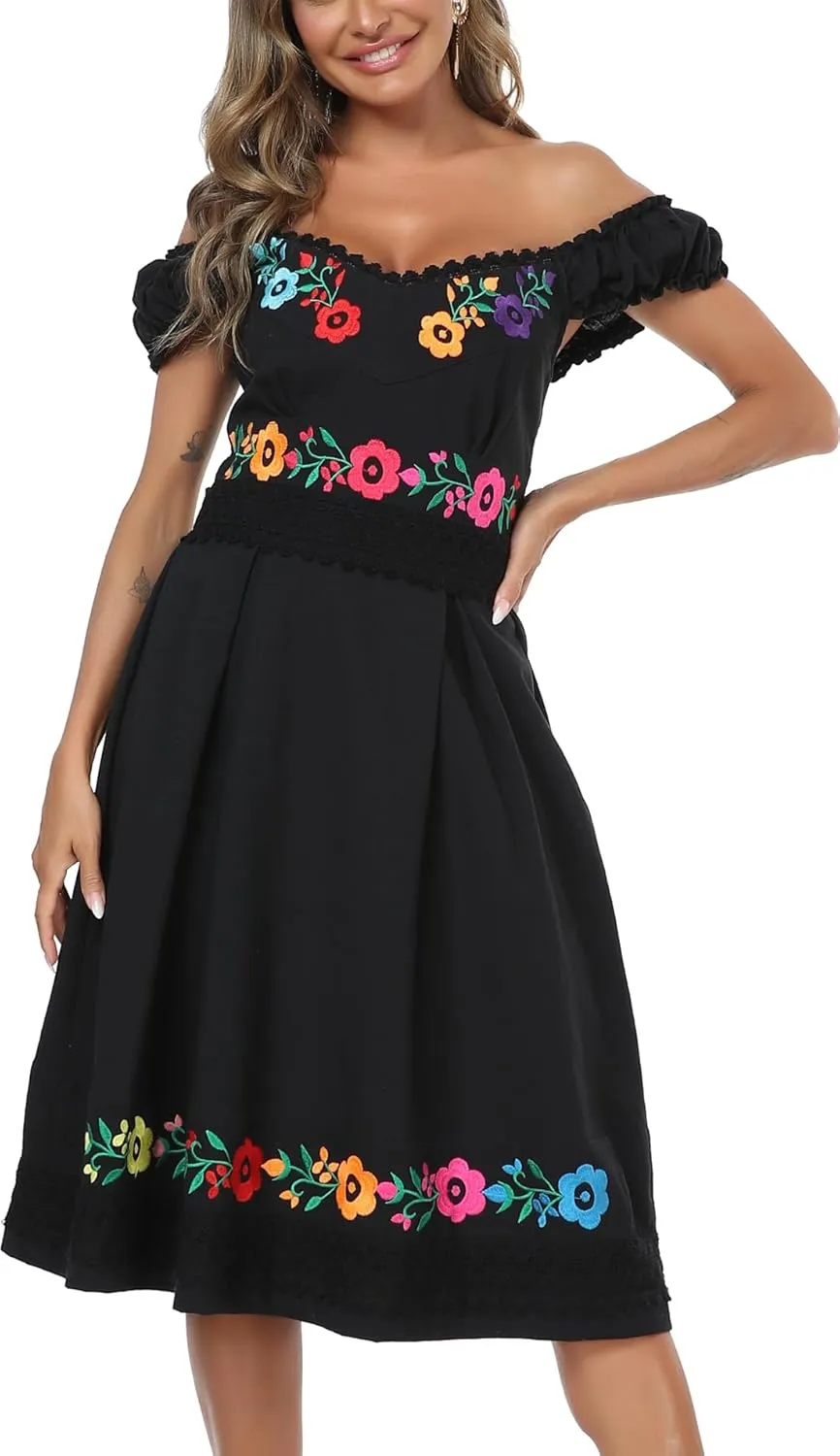 YZXDORWJ Mexican Dress for Women Embroidered Off Shoulder Peasant Cotton Dress Boho Outfit