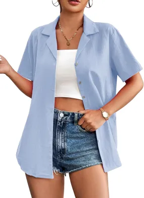 Zeagoo Women Cotton Shirt Button Down Short Sleeve Linen V Neck Blouse Casual Work Tunic