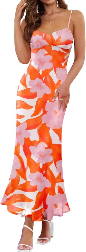 ZESICA Womens Summer Floral Spaghetti Straps Maxi Dress 2025 Sleeveless Square Neck Bodycon Beach Boho Long Dresses