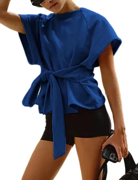 Zhiyouni Women's Summer Short Sleeves Tee T Shirt Crewneck Tie Knot Tops Sweatshirt